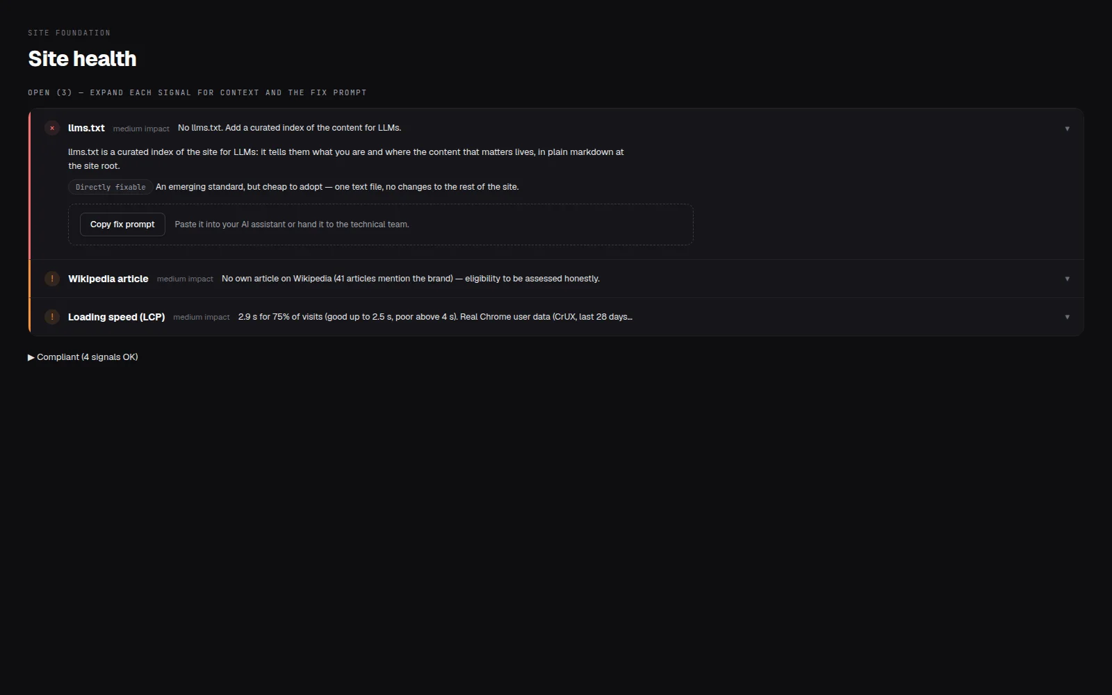 Site foundation audit in Periscopy: robots, llms.txt, structured data and entity signals.