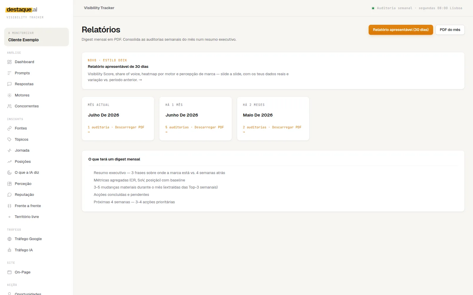 Visibility Tracker reports: monthly PDF and weekly email digest.