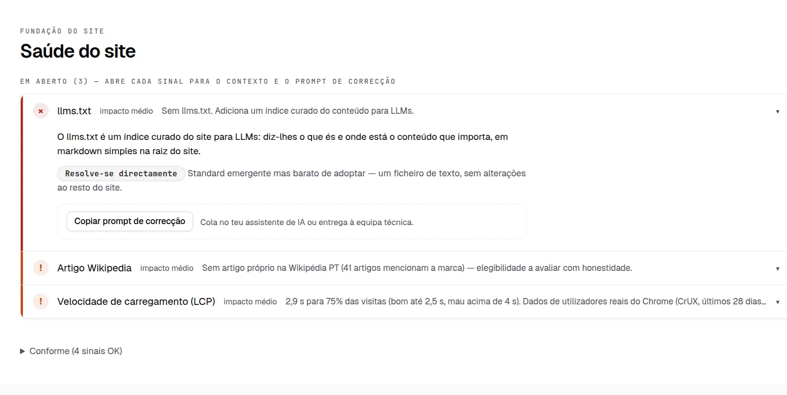 Site foundation audit in the Visibility Tracker: robots, llms.txt, structured data and entity signals.